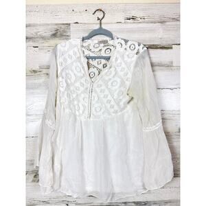 Bellambra Women’s M White 100% Silk Italian Lace Lined Boho Bell Sleeve Blouse